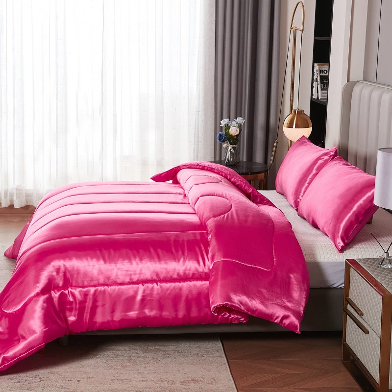 Bedding_Dreamer Satin King Comforter Sets Silk Like Hot Pink Comforter Alternative Down Comforter Soft Polyester Filling Luxury Silky Bedding Comforter Set 1 Comforter 2 Pillowcases (King, Hot Pink) - Image 5