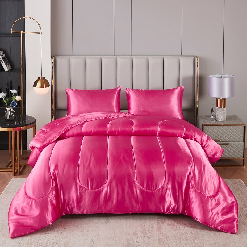 Bedding_Dreamer Satin King Comforter Sets Silk Like Hot Pink Comforter Alternative Down Comforter Soft Polyester Filling Luxury Silky Bedding Comforter Set 1 Comforter 2 Pillowcases (King, Hot Pink) - Image 2