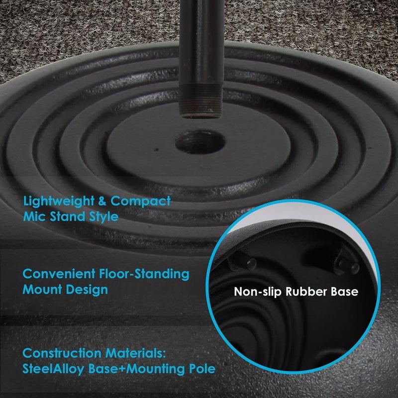 Pyle حامل ميكروفون قابل للتعديل - حامل ميكروفون عالمي بقاعدة ثقيلة مدمجة، تصميم قائم على الأرض، قابل لتعديل الارتفاع، مشبك زاوية دوار للغناء والتسجيل (2.8’ - 5’ قدم، 9.8” قطر القاعدة) - Image 3