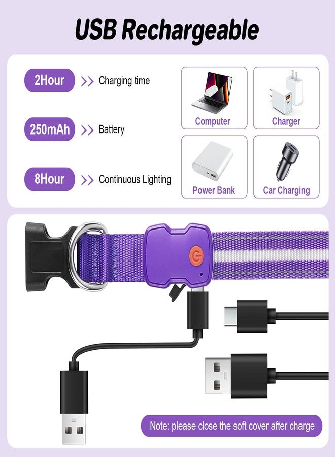 طوق كلاب مضيء من PcEoTllar، طوق LED قابل لإعادة الشحن، مناسب للمشي الليلي، مقاوم للماء، يتوهج في الظلام، مناسب للكلاب الكبيرة والصغيرة والمتوسطة، لون بنفسجي - Image 4