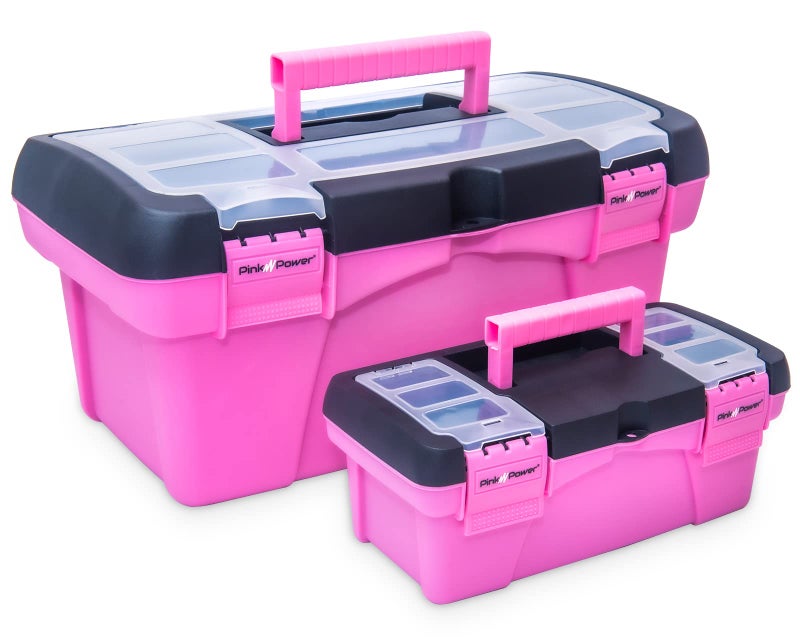 Pink Power Pink Tool Box for Women - Sewing, Art & Craft Organizer Small & Large Plastic Tool Box with Handle - Pink Toolbox Sewing Tool Storage Box - Portable Mini Locking Tool Boxes (2 Pack) - Image 1