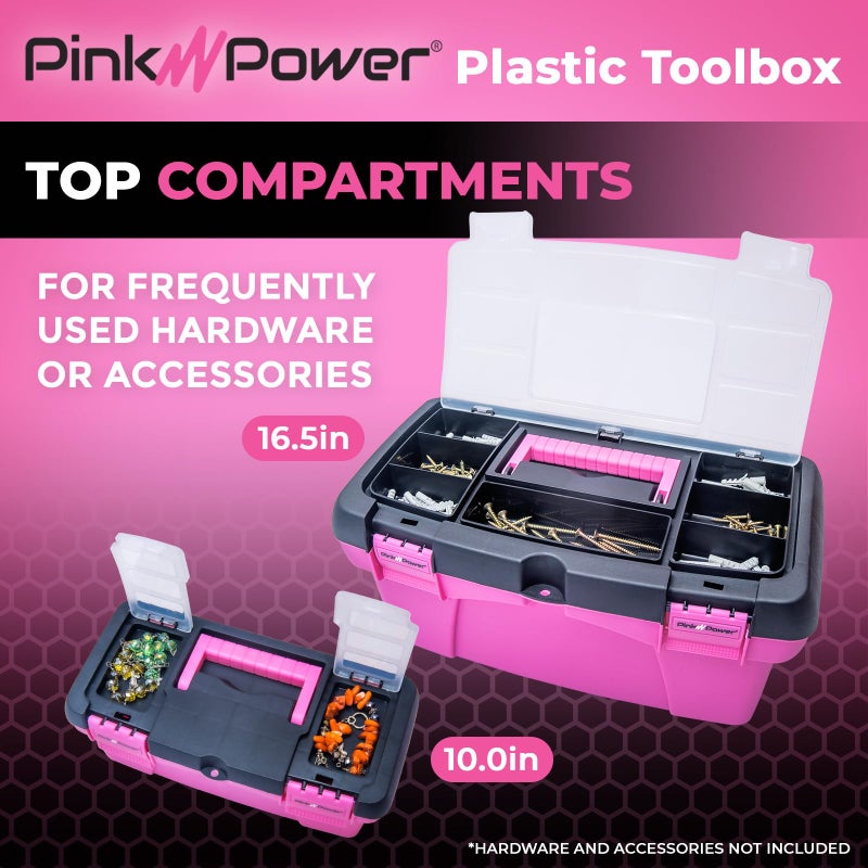 Pink Power Pink Tool Box for Women - Sewing, Art & Craft Organizer Small & Large Plastic Tool Box with Handle - Pink Toolbox Sewing Tool Storage Box - Portable Mini Locking Tool Boxes (2 Pack) - Image 3