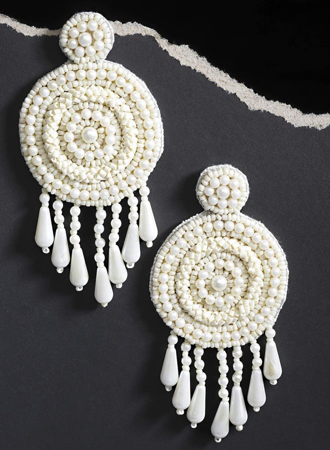 Anekaant Off White Eardrop Shaped Handcrafted Drop Earrings - Image 3