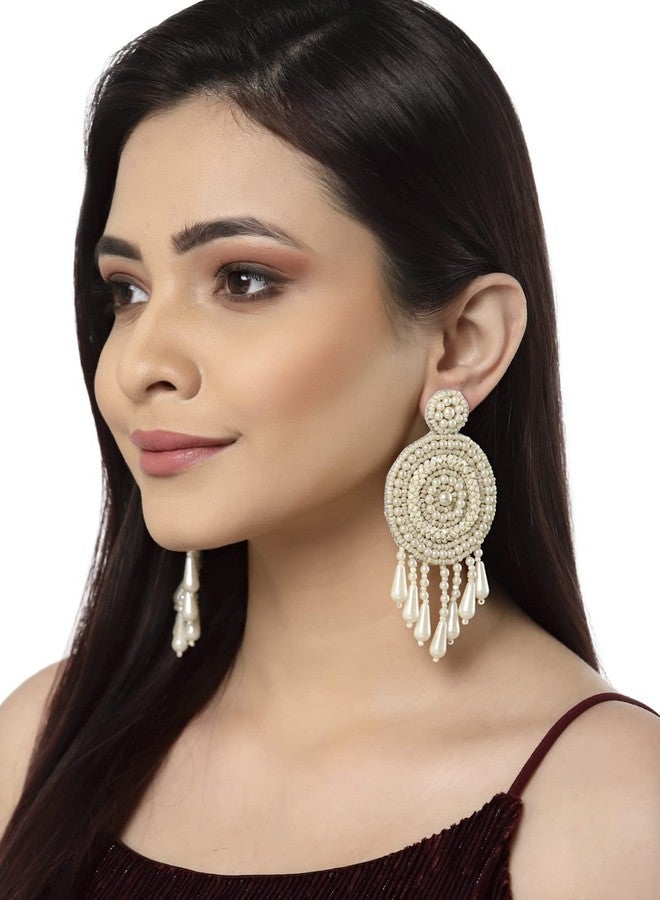 Anekaant Off White Eardrop Shaped Handcrafted Drop Earrings - Image 5