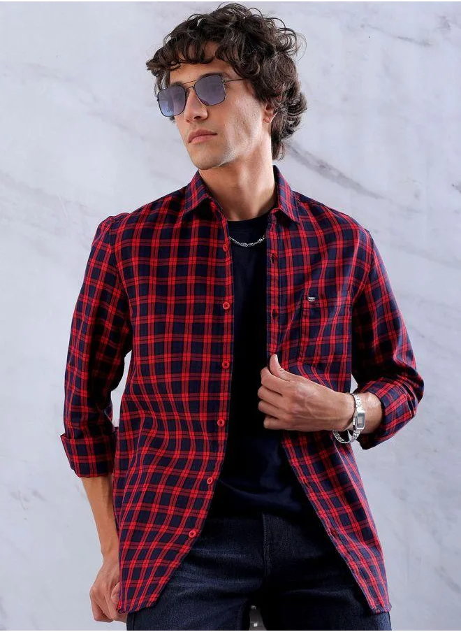 شركة المرآب الهندية Men Slim Fit Checkered Full Sleeves Cutaway Collar Casual Shirt