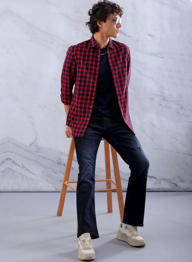 The Indian Garage Co Men Slim Fit Checkered Full Sleeves Cutaway Collar Casual Shirt