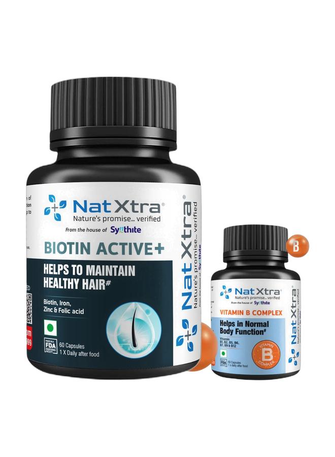 Natxtra Biotin Active+ & Vitamin B Complex Bundle | 120 Capsules Total | Hair Growth & Skin Health Supplement with Biotin, Folic Acid, Iron | Supports Energy & Normal Body Function - Image 1