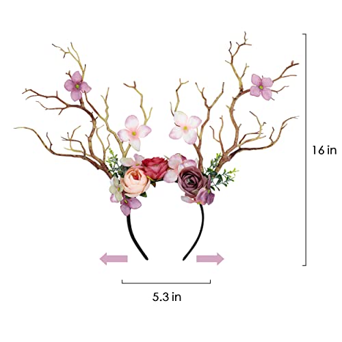 FRESHME Fairy Antlers Flower Crown - Handmade Elf Deer Reindeer Headbands Headpiece for Women Renaissance Cosplay Accessories - Image 5