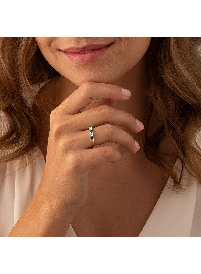 PEORA Simulated Emerald Half Eternity Ring For Women 925 Sterling Silver 0.50 Carat Total Dainty Trellis Band 3.5Mm Size 6 - Image 2