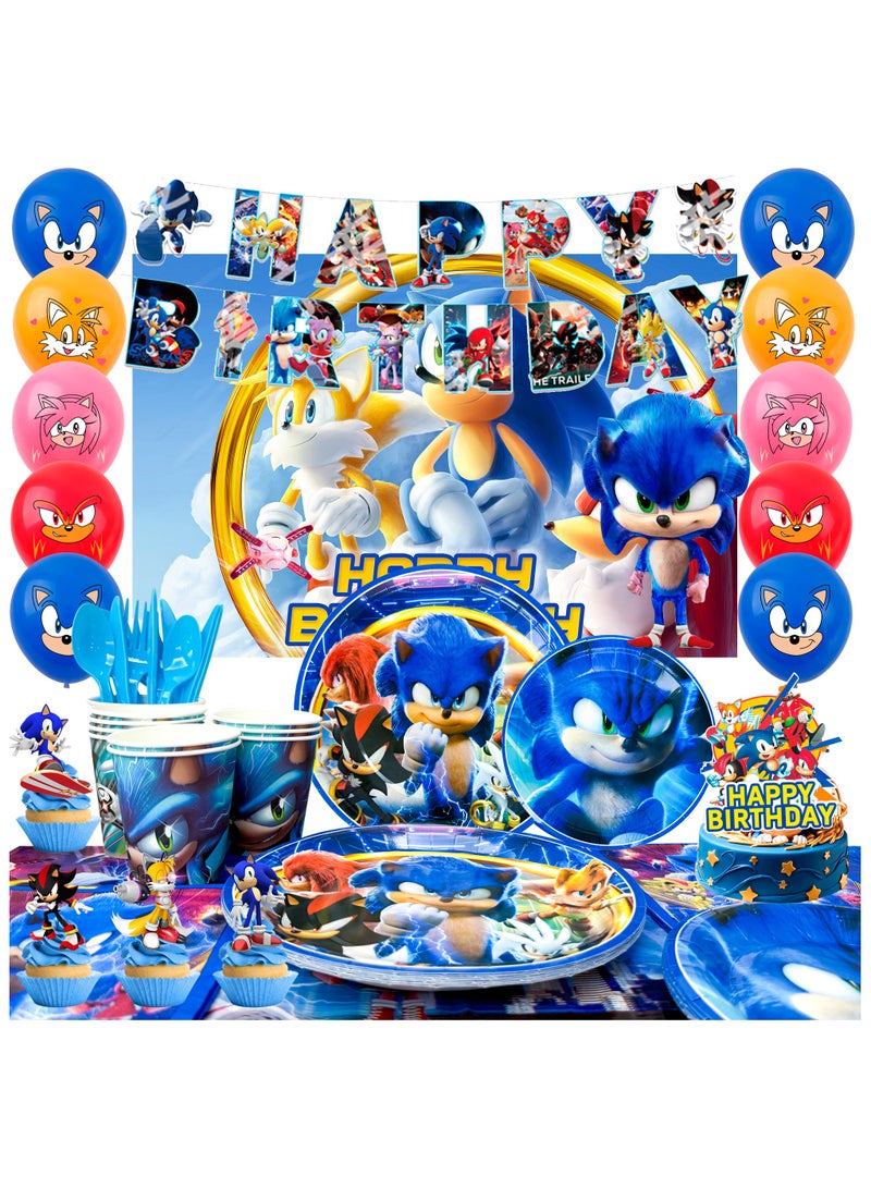 ILovhaprty Sonic Birthday Decorations for 10 Guests, Sonic Party Decorations & Sonic Party Tableware Set - Sonic Decorations Banners Balloons Backdrop Napkins Tablecloth and Other Sonic Birthday Party Supplies for Kids - Image 1