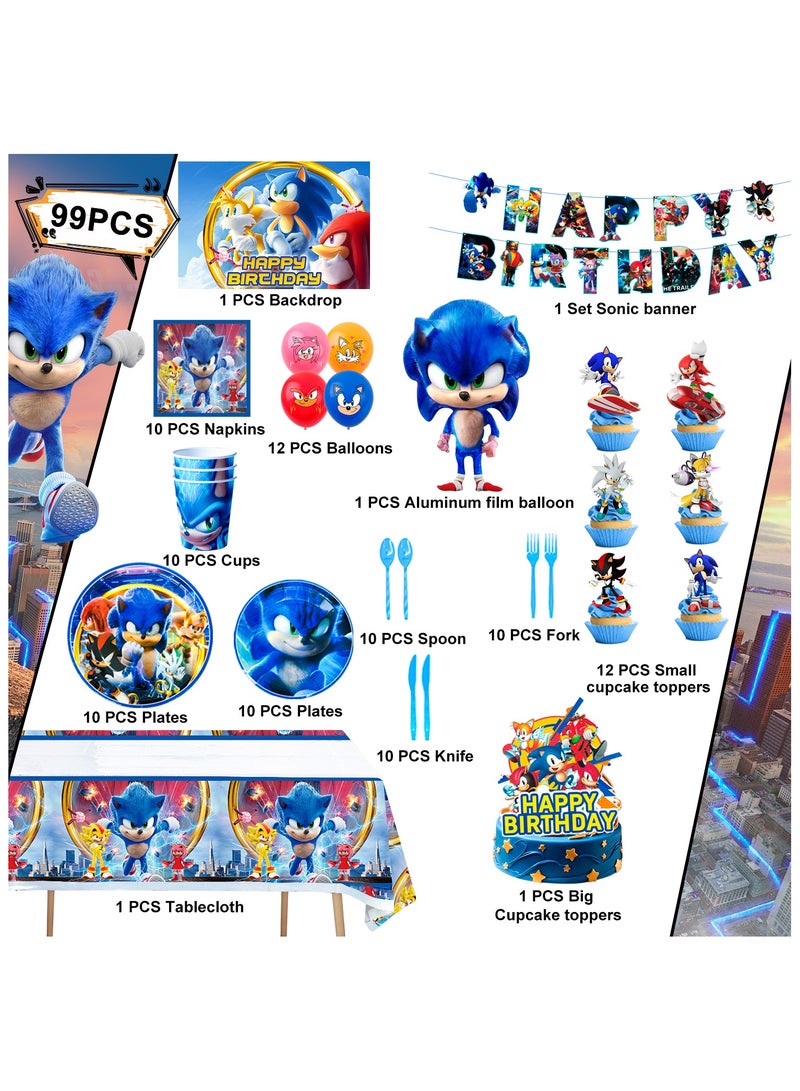 ILovhaprty Sonic Birthday Decorations for 10 Guests, Sonic Party Decorations & Sonic Party Tableware Set - Sonic Decorations Banners Balloons Backdrop Napkins Tablecloth and Other Sonic Birthday Party Supplies for Kids - Image 2