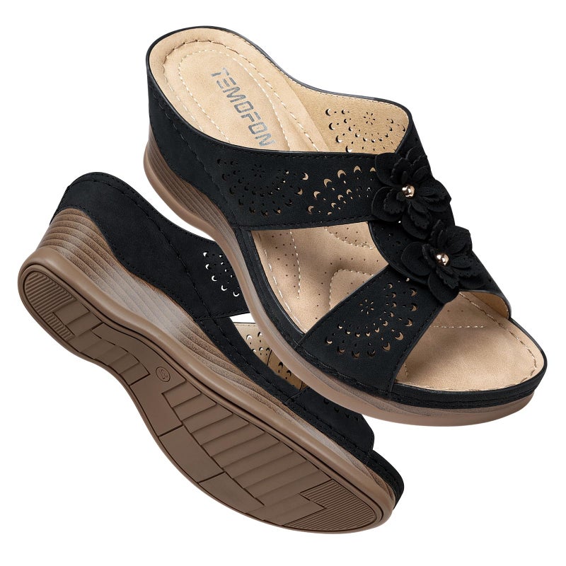TEMOFON Womens Wedge Sandals Leather: Casual Dressy Women Black Summer Platform Wedge Sandals Slip on Low Heels Comfortable Walking Size 6 - Image 1