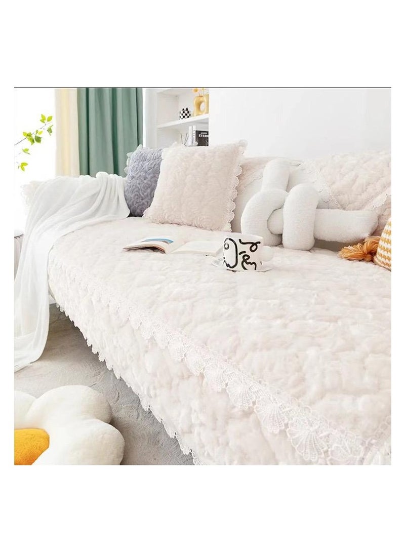 Luxurious White Faux Fur Sofa Cover Set with Elegant Lace 