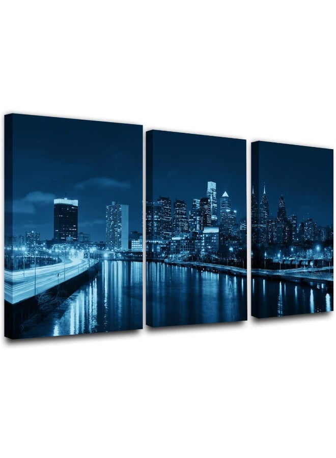 Home Trove Panoramic Philadelphia Cityscape At Night With Urban Architecture Picture, Black And White Stretched Canvas Art Prints, Wall Decoration For Bedroom Or Office, Framed And Ready To Hang(24Â€˜X12Â€˜X3)  - Image 1