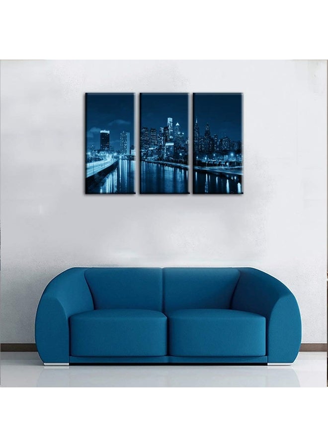 Home Trove Panoramic Philadelphia Cityscape At Night With Urban Architecture Picture, Black And White Stretched Canvas Art Prints, Wall Decoration For Bedroom Or Office, Framed And Ready To Hang(24Â€˜X12Â€˜X3)  - Image 3