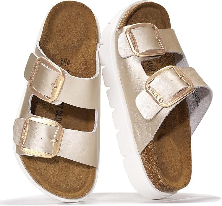 Project Cloud 100% Genuine Leather Platform Sandals Women Footwear - Wedge Chunky Slides for Women 2026 with Memory Foam Insole & Cork Footbed Womens Sandals (GreeceChunky) - Image 1