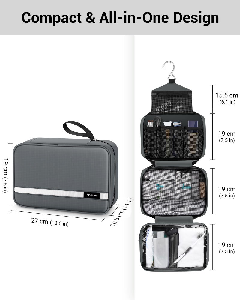 Maliton Toiletry Bag for Men & Women Travel Toiletry Bag Hanging Toiletry Bag Hygiene Organizer with 4 Compartments Waterproof Bathroom Shower Bag Large Toiletries Travel Bag (Gray) - Image 3