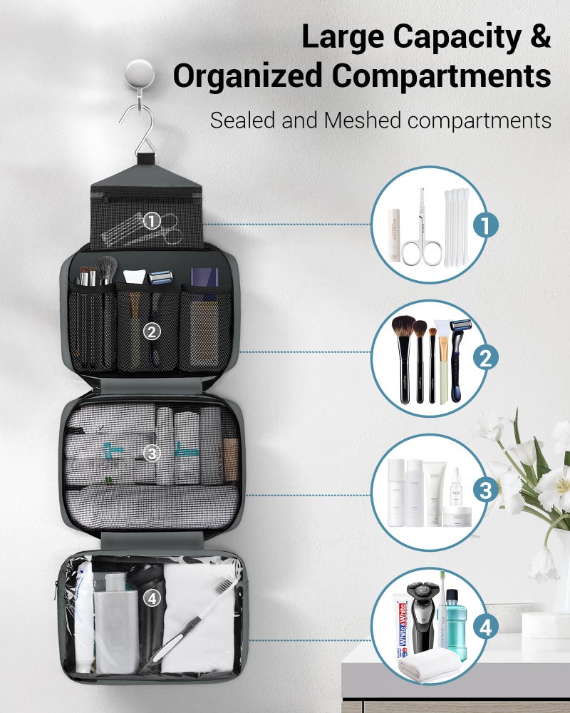 Maliton Toiletry Bag for Men & Women Travel Toiletry Bag Hanging Toiletry Bag Hygiene Organizer with 4 Compartments Waterproof Bathroom Shower Bag Large Toiletries Travel Bag (Gray) - Image 2