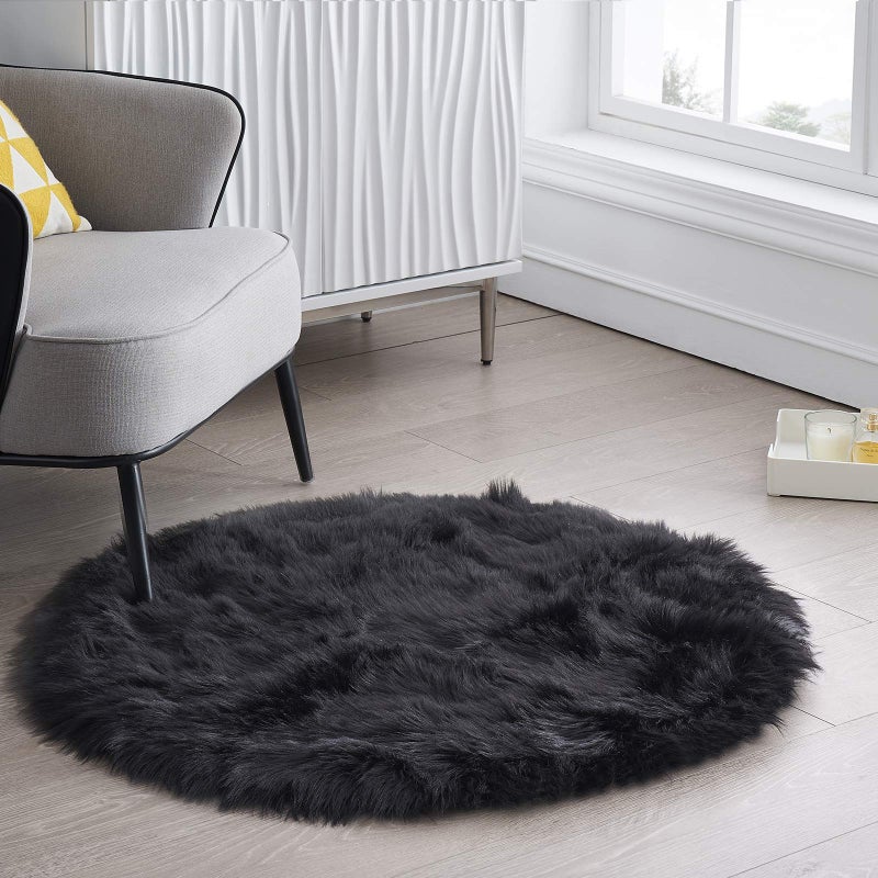 Ciicool Round Fur Fluffy Area Rug for BedroomRound Fur Fluffy Area Rug for Bedroom Black Faux Fur Rugs Furry Circle Rug