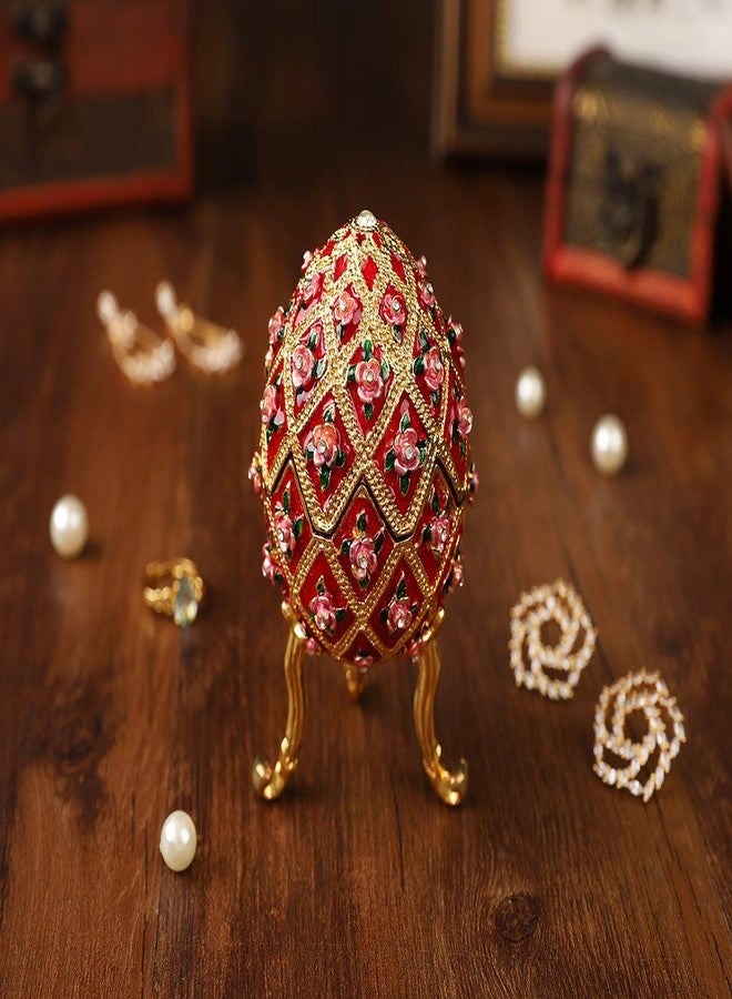 Furuida Easter Egg Style Flower Enamel Jewelry Trinket Box Hinged Victorian Ornaments Gift for Home Decor (Red) - Image 4