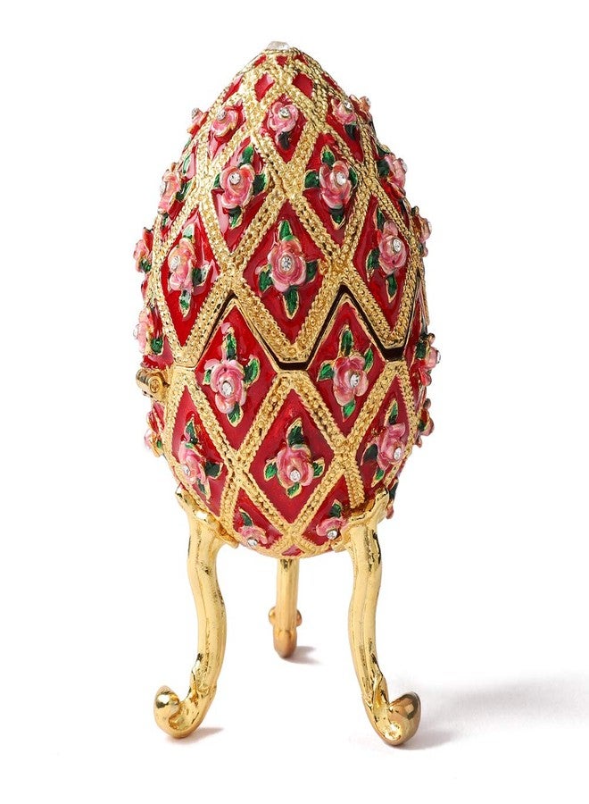 Furuida Easter Egg Style Flower Enamel Jewelry Trinket Box Hinged Victorian Ornaments Gift for Home Decor (Red) - Image 1
