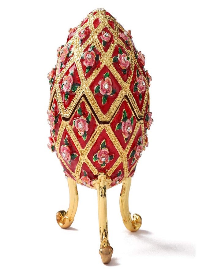 Furuida Easter Egg Style Flower Enamel Jewelry Trinket Box Hinged Victorian Ornaments Gift for Home Decor (Red) - Image 2