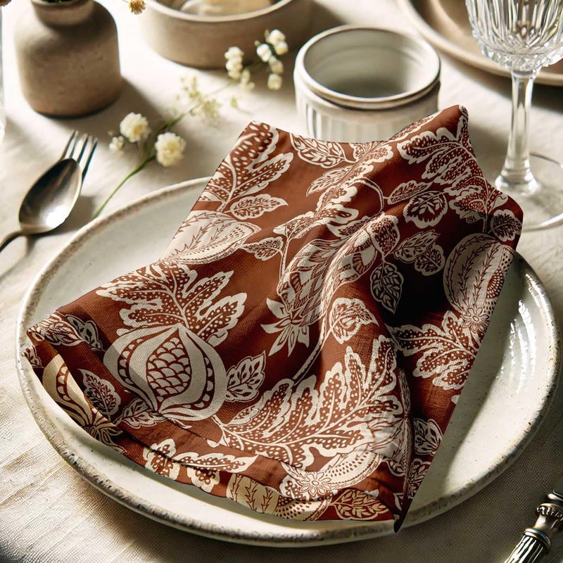Vargottam Elegant Pomegranate Foliage Print on Brown Cotton Muslin Napkins - Set of 12, 20x20 Inches, Luxurious Self-Check Texture, Perfect for Upscale Dining, Weddings, and Events - Machine Washable - Image 3