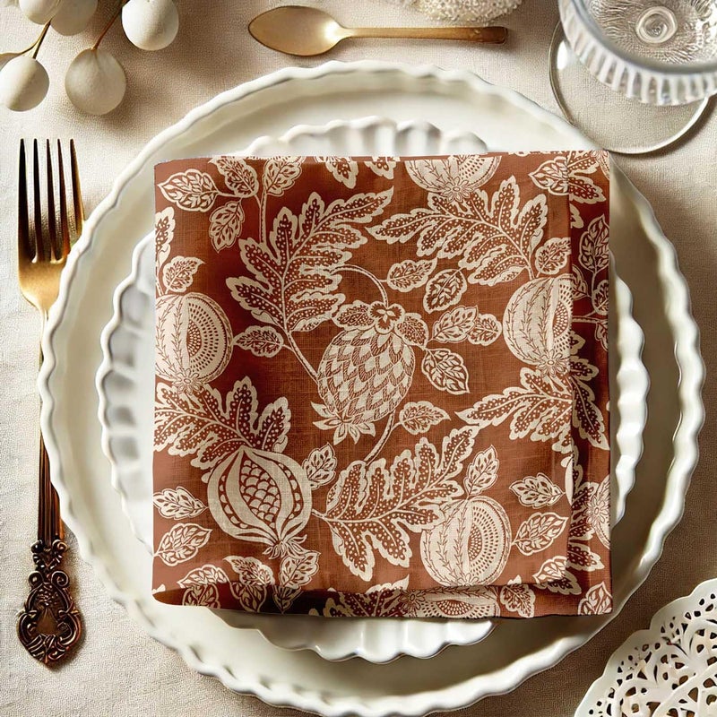 Vargottam Elegant Pomegranate Foliage Print on Brown Cotton Muslin Napkins - Set of 12, 20x20 Inches, Luxurious Self-Check Texture, Perfect for Upscale Dining, Weddings, and Events - Machine Washable - Image 5