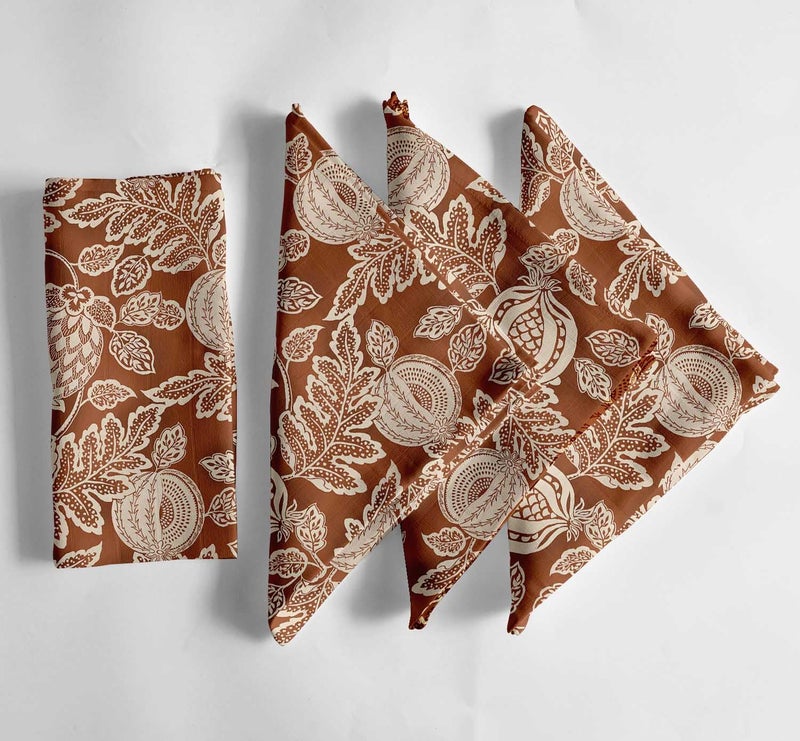 Vargottam Elegant Pomegranate Foliage Print on Brown Cotton Muslin Napkins - Set of 12, 20x20 Inches, Luxurious Self-Check Texture, Perfect for Upscale Dining, Weddings, and Events - Machine Washable - Image 1