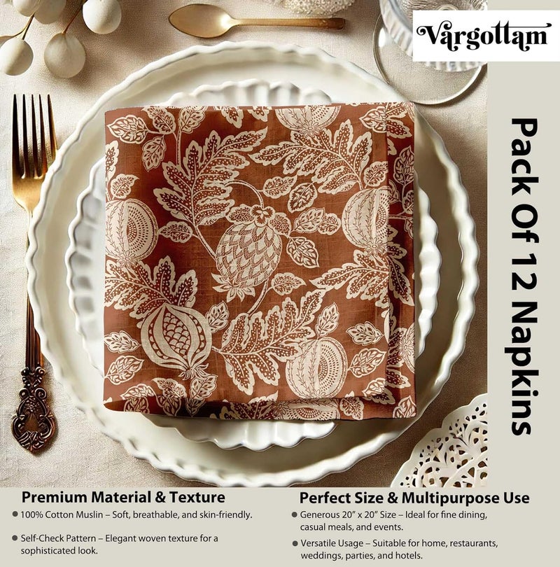 Vargottam Elegant Pomegranate Foliage Print on Brown Cotton Muslin Napkins - Set of 12, 20x20 Inches, Luxurious Self-Check Texture, Perfect for Upscale Dining, Weddings, and Events - Machine Washable - Image 4