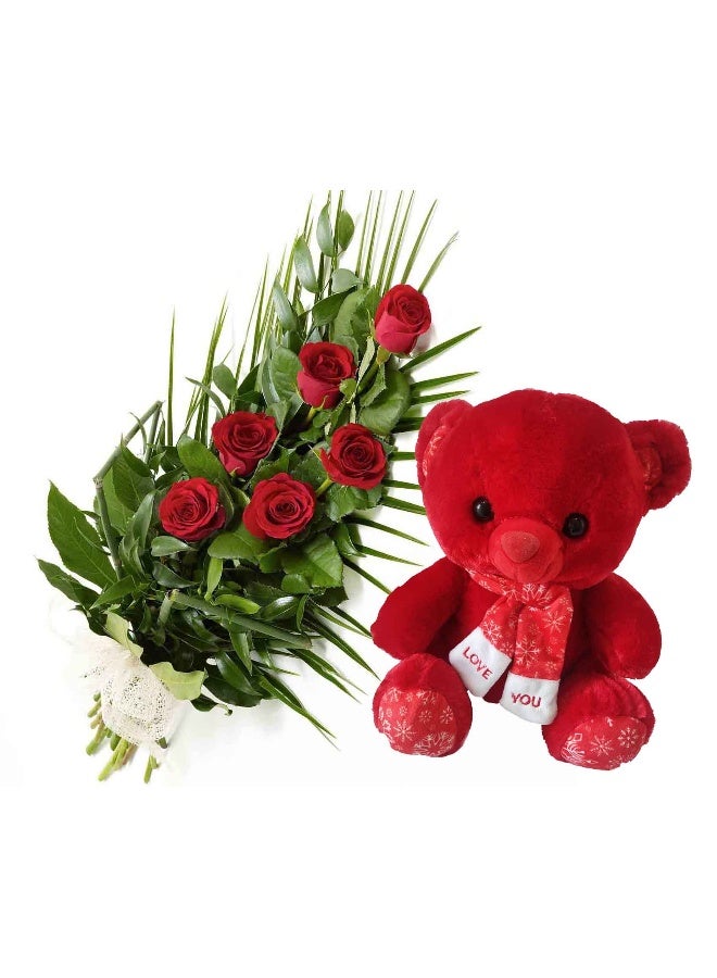 Carmel Flowers 6 Red Roses With Teddy