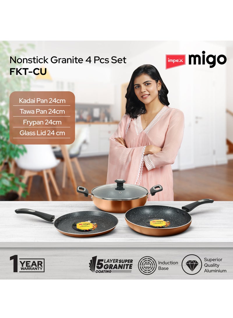 Impex Migo Non Stick Cookwareset 4 pc | Induction Cookware Set 3 mm Thickness of Tawa Pan Fry Pan and Kadai Pan with Lid | Granite Finish 5 Layer Aluminium Cookware Set | 1 Year Warranty, Colour Copper - FKTCU - Image 2