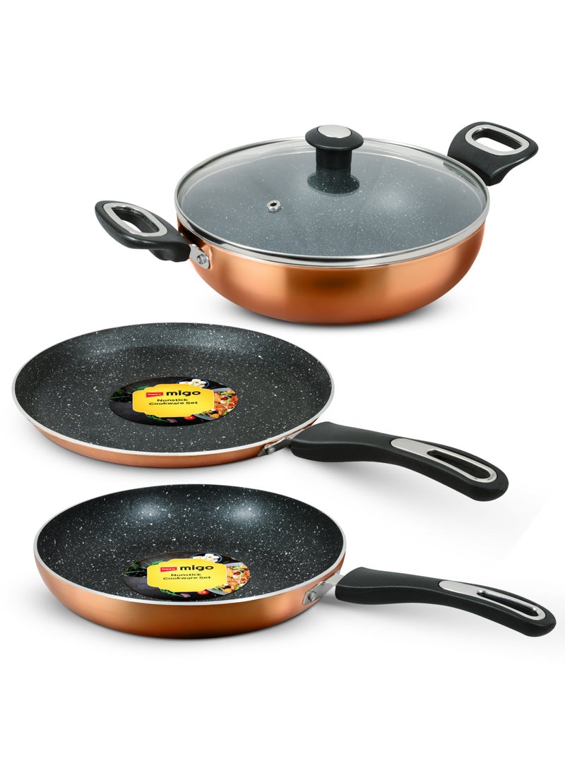 Impex Migo Non Stick Cookwareset 4 pc | Induction Cookware Set 3 mm Thickness of Tawa Pan Fry Pan and Kadai Pan with Lid | Granite Finish 5 Layer Aluminium Cookware Set | 1 Year Warranty, Colour Copper - FKTCU - Image 1