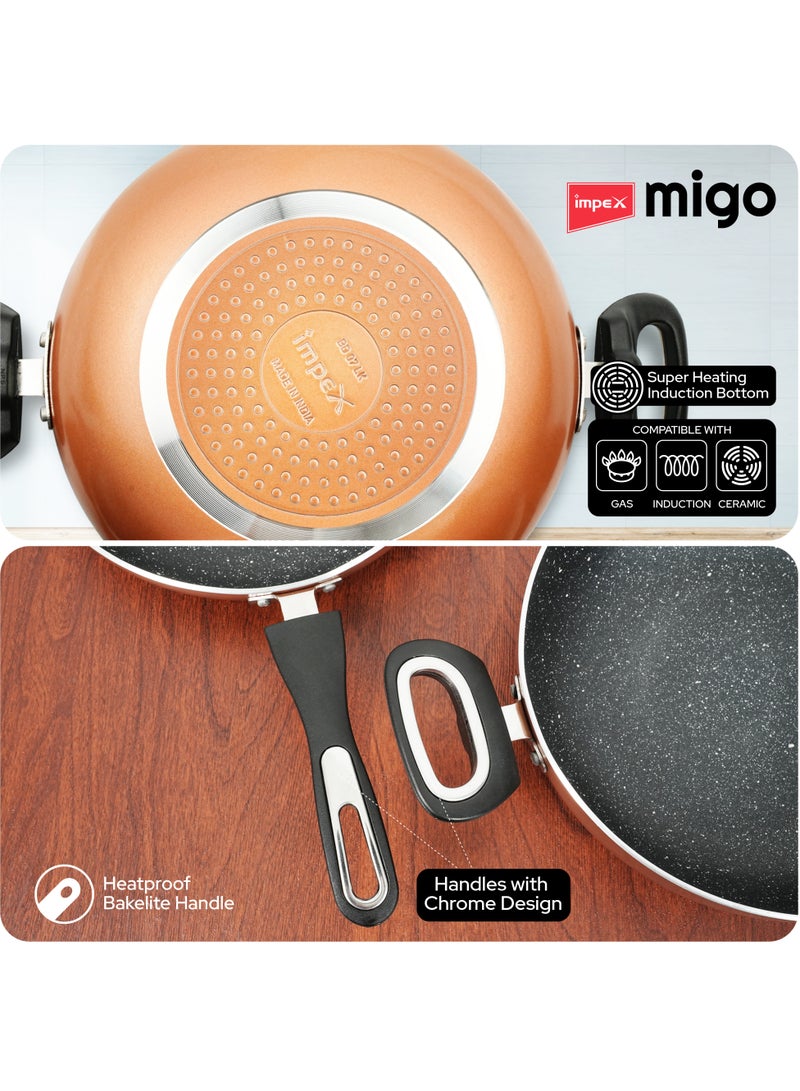 Impex Migo Non Stick Cookwareset 4 pc | Induction Cookware Set 3 mm Thickness of Tawa Pan Fry Pan and Kadai Pan with Lid | Granite Finish 5 Layer Aluminium Cookware Set | 1 Year Warranty, Colour Copper - FKTCU - Image 5