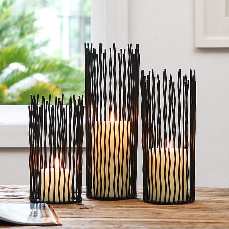 Metal Wire Willow Pillar Candle Holder Set of 3 Creative Wire Cage Candleholder Set for Fireplace Mantel Decoration 81012 inch Black Tealight Lanterns for Table Centerpiece