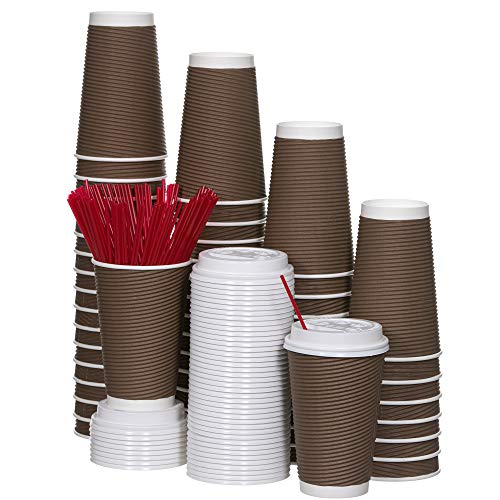 SafeWare Disposable Coffee Cups with Lids and Stirrers 12 oz (50 Set), Insulated Double Wall, No Drip Roll Up Rims, Easy to Grip Ripple Design. Perfect To-Go Hot Cups for Travel, Driving, Home. - Image 1