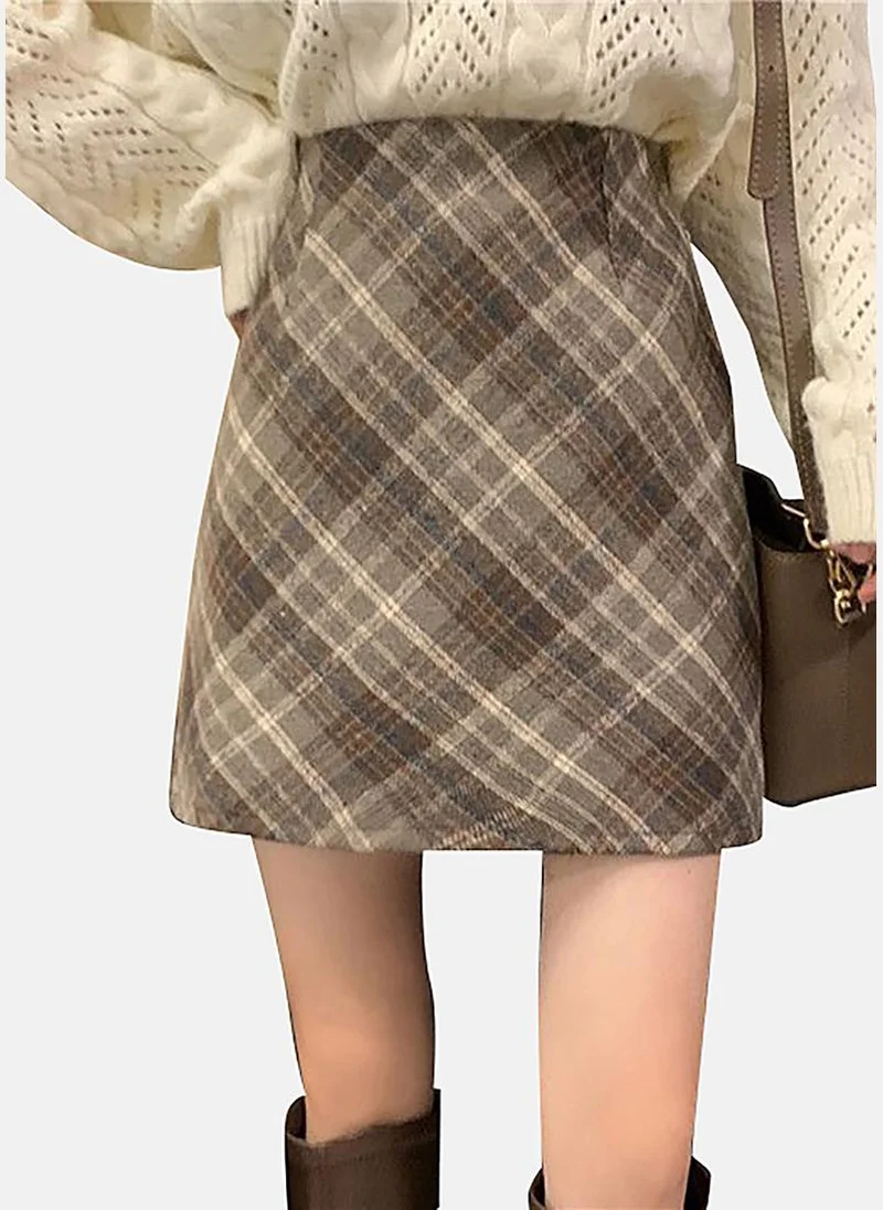 يونيكي Brown A-Line Checkered Mini Skirt