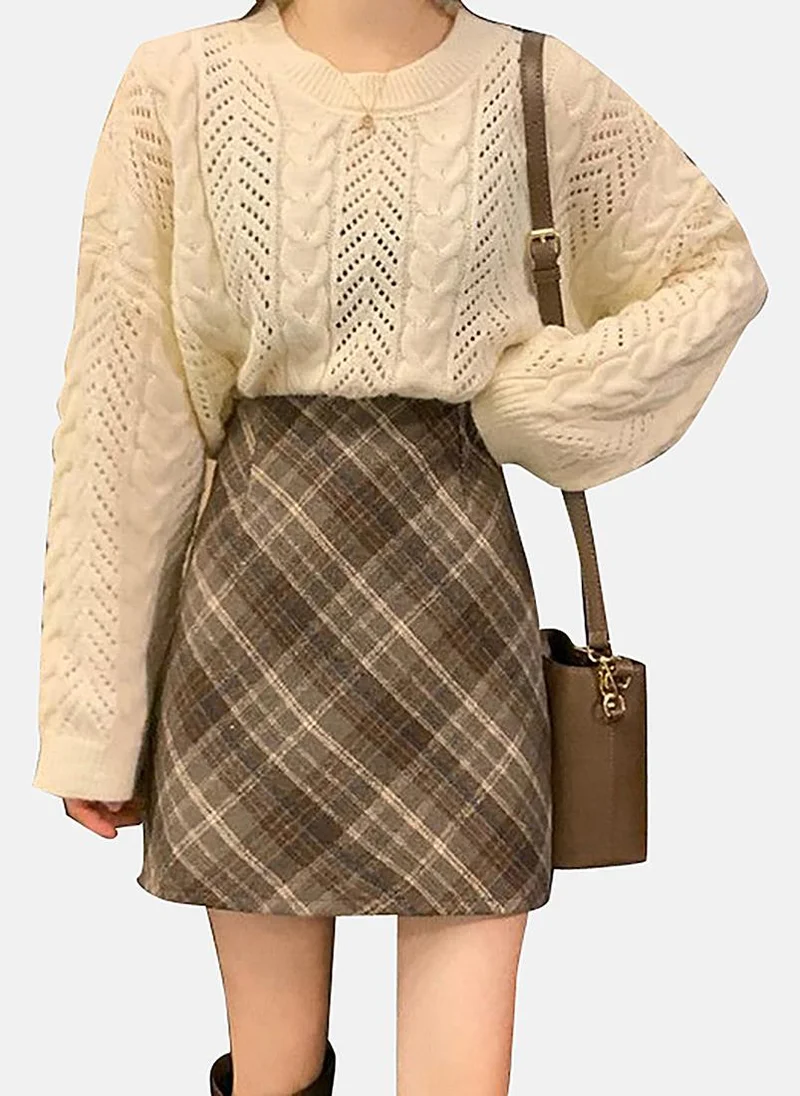 يونيكي Brown A-Line Checkered Mini Skirt