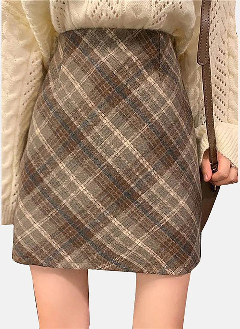 يونيكي Brown A-Line Checkered Mini Skirt