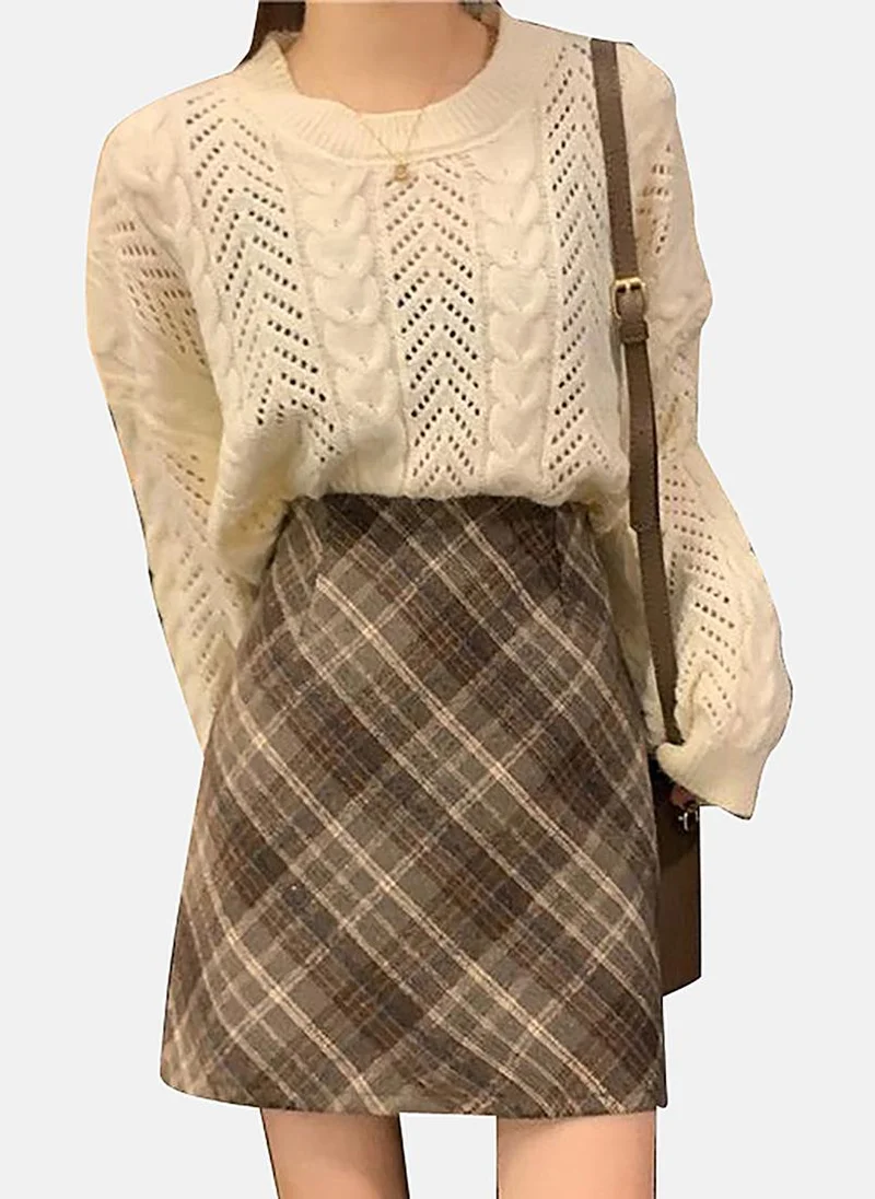 يونيكي Brown A-Line Checkered Mini Skirt