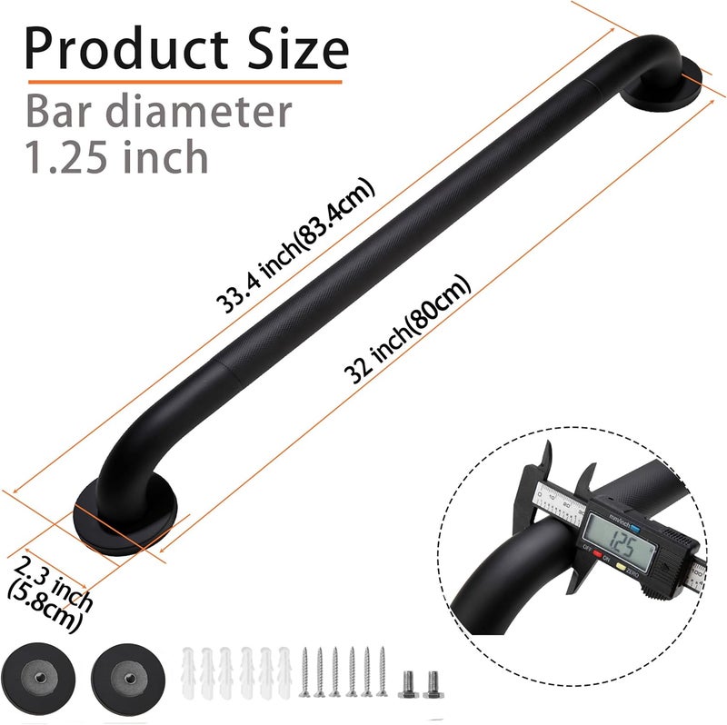 Rackickyer Shower Grab Bar, 2 Pack 32 Inch Black Bathroom Grab Bar, 1.25" Diameter 304 Stainless Steel Anti-Slip Grab Bars for Bathtubs and Showers, Handicap Shower Grab Bar for Seniors Elderly - Image 2