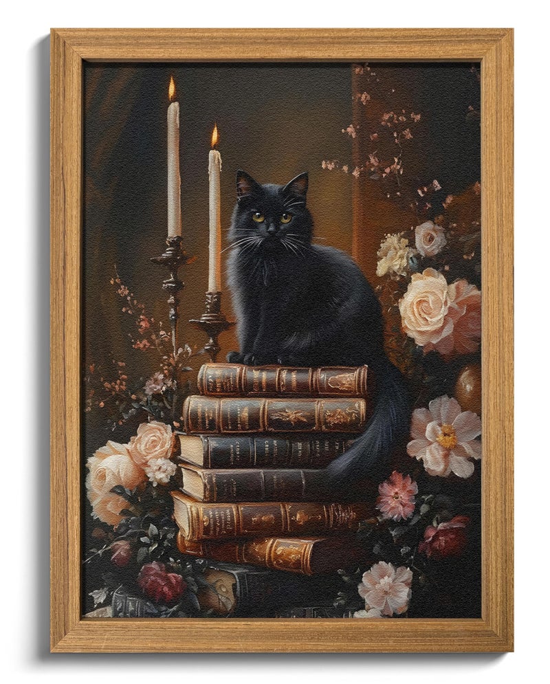 AKWISH Framed 3D Textured Cat Wall Art â€“ Vintage Books Floral Dark Academia Decor, Victorian Gothic Botanical Flowers Pictures for Living Room Bedroom Gallery Library Wall Decor â€“ 12x16in - Image 1