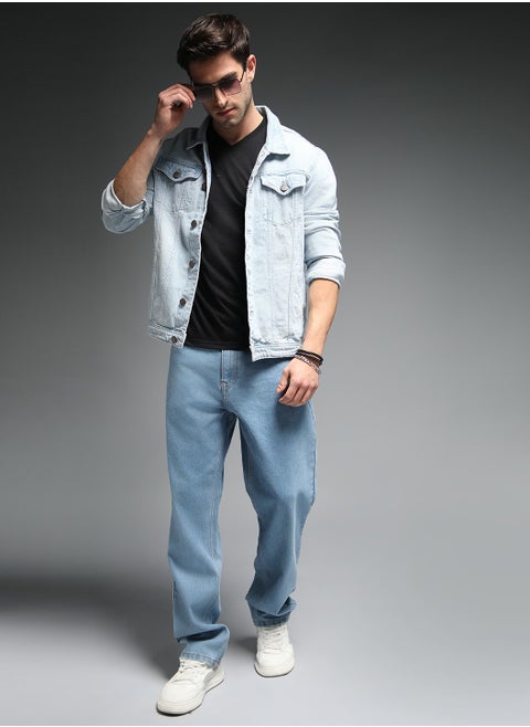 90s Straight Fit Mid-Rise Indigo Jeans for Men with Clean Look