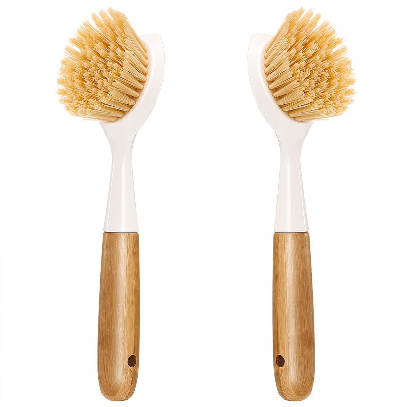 2 Pack Kitchen Dish Brush Bamboo Handle Dish Scrubber Builtin Scraper Scrub Brush for Pans Pots Kitchen Sink Cleaning Dishwashing and Cleaning Brushes are Perfect Cleaning Tools White