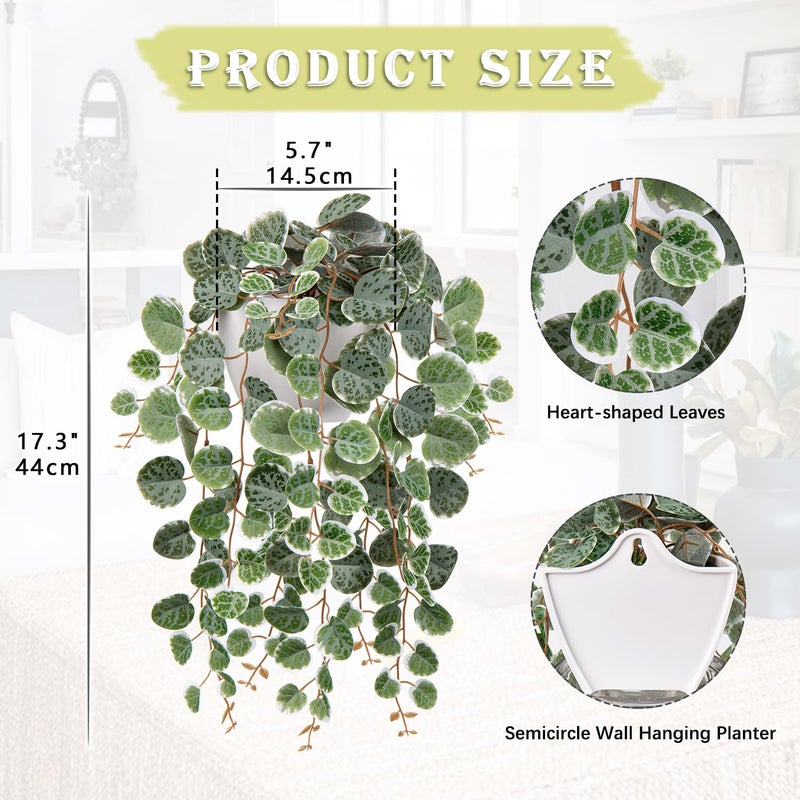 Briful Faux Hanging Plants Indoor 17'' Artificial String of Heart Plants with Semicircle Wall Mount Planter Faux Draping Vine Plants for Home Office Bathroom Hanging Decor (Green White) - Image 2