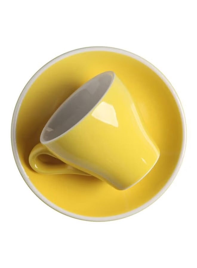 Sharpdo 2-Piece Ergonomically Designed Fade-Proof Comfortable Grip Cup And Saucer Yellow/White 8.5x6x6cm - Image 1