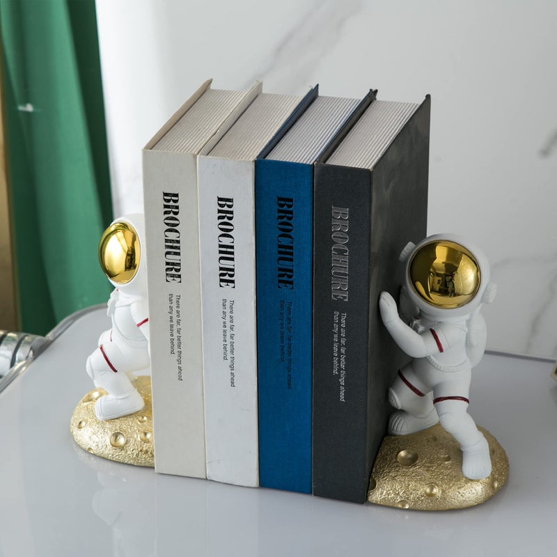 Banllis Space Theme Bookends For Shelves  Astronaut Moon Book Ends For Kids Room  Decorative Planet Book Stoppers To Hold Books Heavy Duty  Unique Boys And Girls Gift (Gold) - Image 3