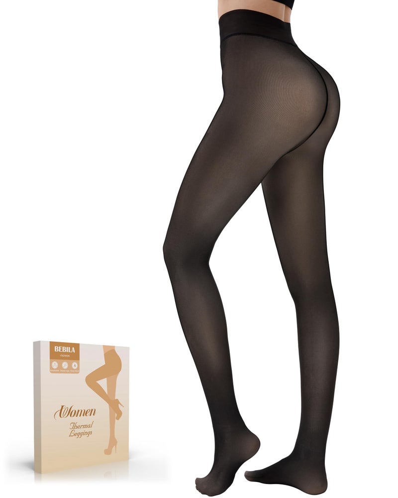 Bebila Fleece Lined Tights Women, Fake Translucent Warm Tights for Winter Sheer Pantyhose Thermal Leggings (US, Alpha, Small, Regular, Regular, fake translucent black) - Image 1