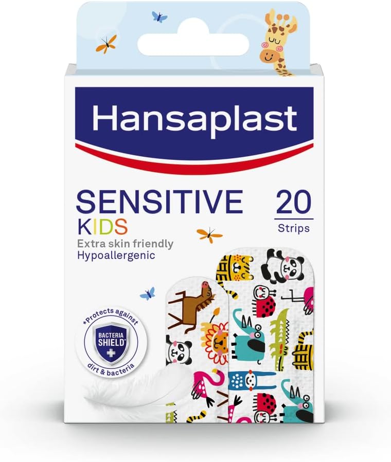 Hansaplast Sensitive Plaster for Kids XXL, Extra Skin Friendly, Hypoallergenic Wound Protection, Painless to Remove and Non-Stick Wound Pad, Soft and Breathable Material, 20 Strips - Image 1