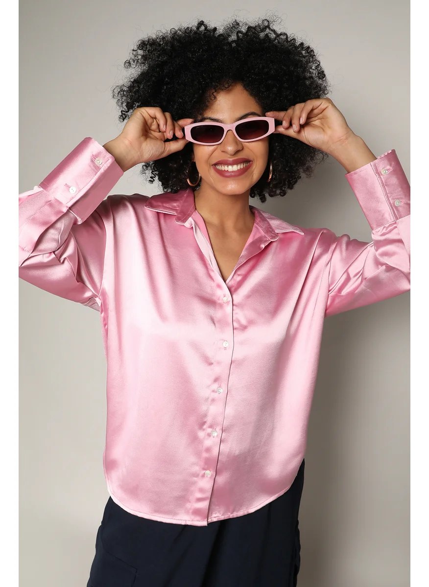 Campus Sutra Women's Blush Pink Boxy Satin Shirt
